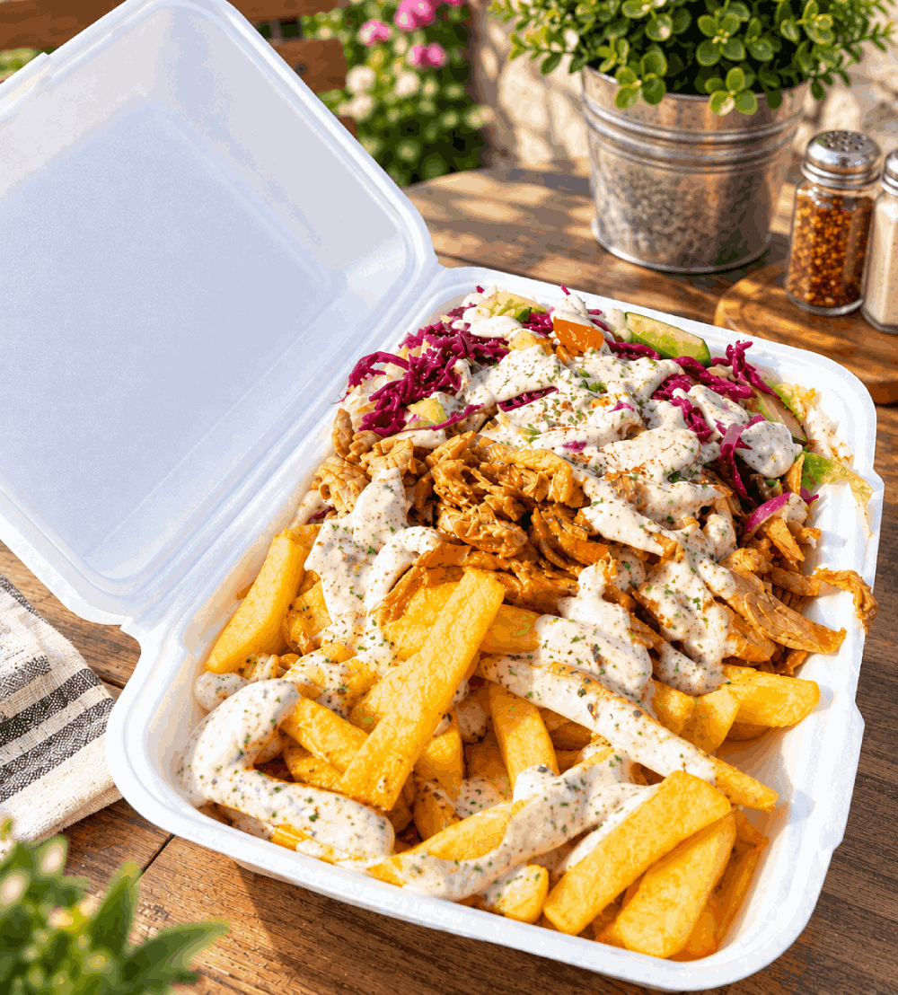 Chicken shawarma and chips box from St Andrews Shawarma House.