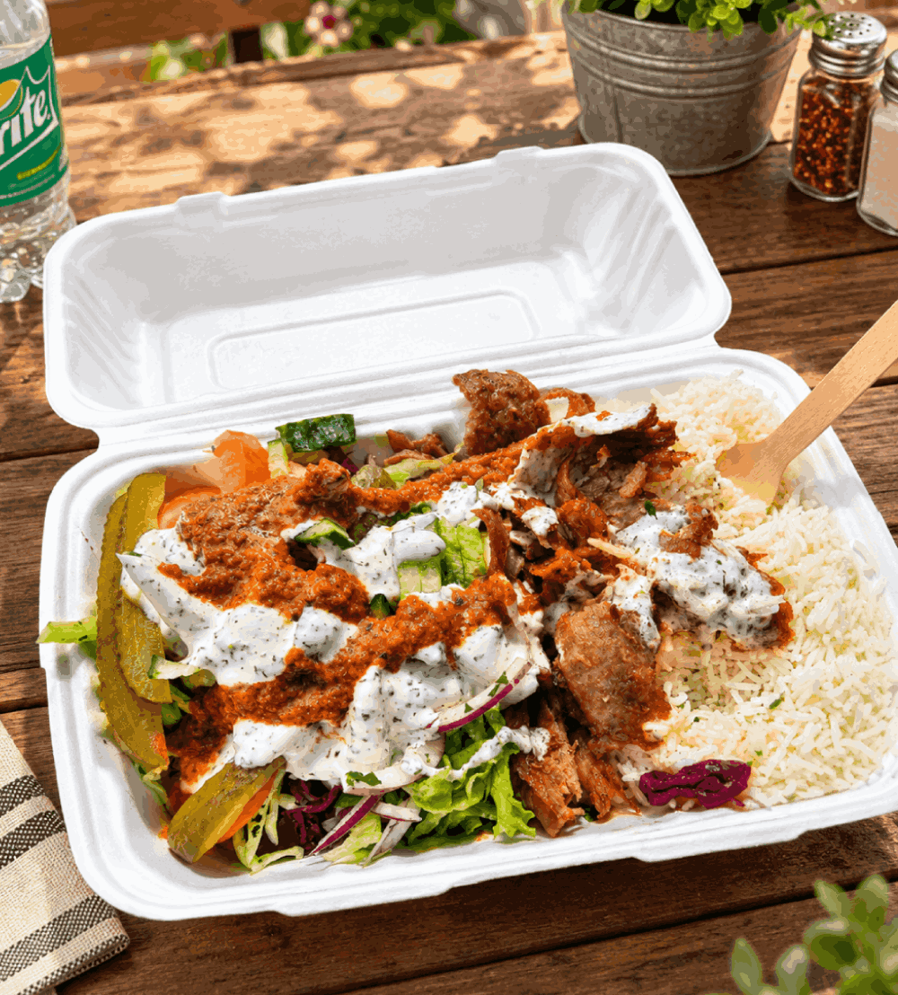 Mixed shawarma and rice box from St Andrews Shawarma House.